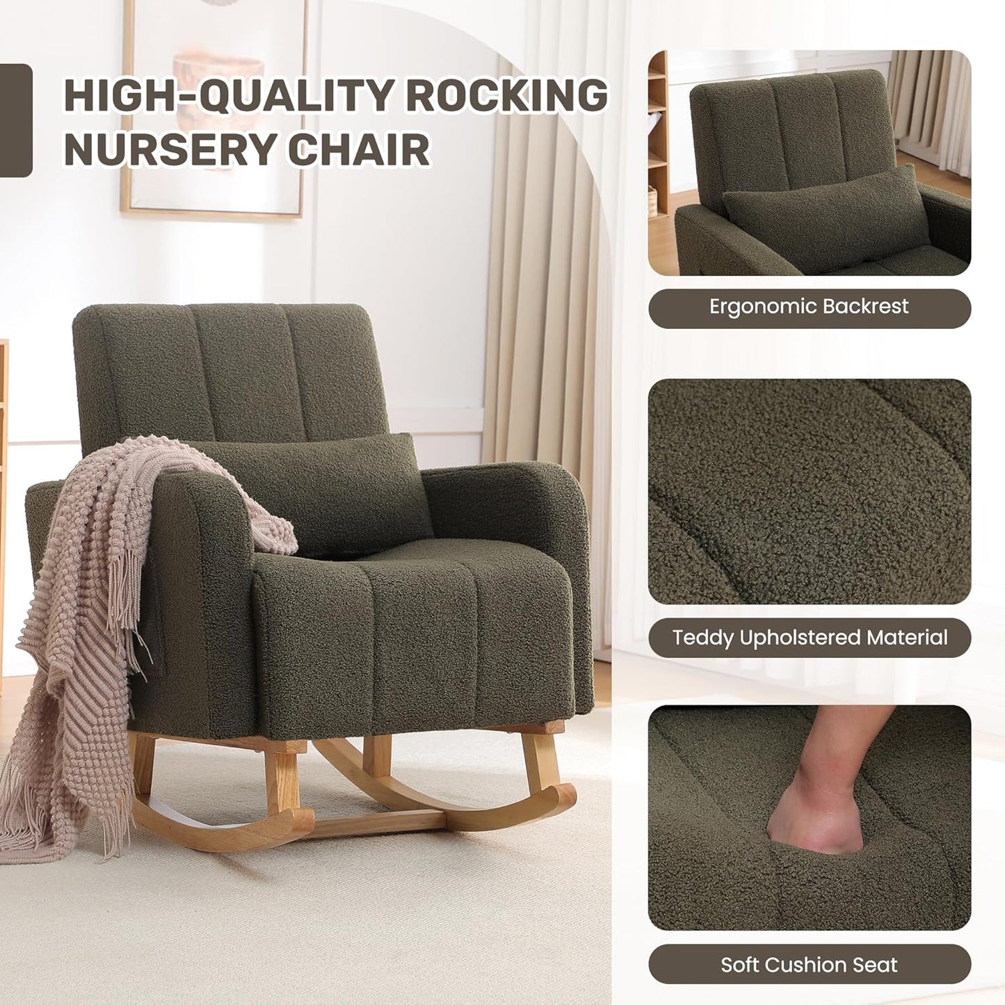 Rocking Chair with Ottoman, Upholstered Nursing Glider Rocker with High Backrest and Side Pocket, Comfy Reading Chair with Solid Wood Legs for Nursery/Living Room/Bedroom Green