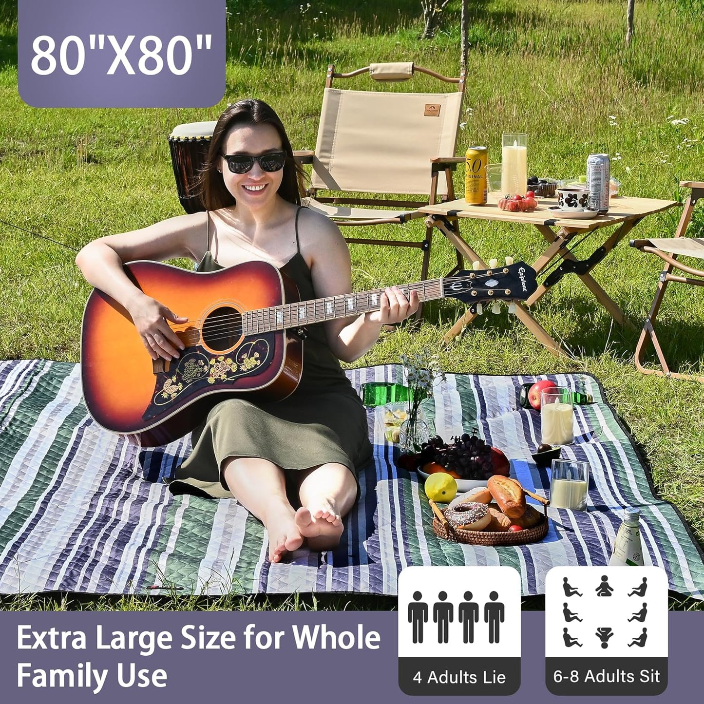 HX&OD Outdoor Picnic Blanket Extra Large, 80''*80' Waterproof Picnic Mat with Stakes Foldable Camping Blanket Portable with Carry Strap for Beach Mat (Green, 80''*80'')