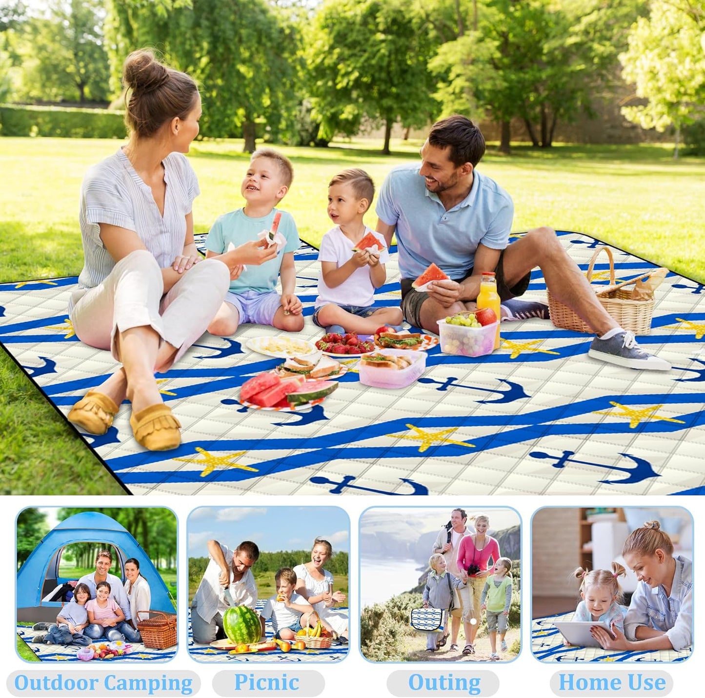 Poedist Extra Large Picnic Blanket Waterproof,80"x 80"Foldable Machine Washable Beach Blanket,Outdoor Blanket for 6-8 Adults,Suitable for Indoor Crawling,Park Beach,Camping,Hiking,Family Travel(Boat)