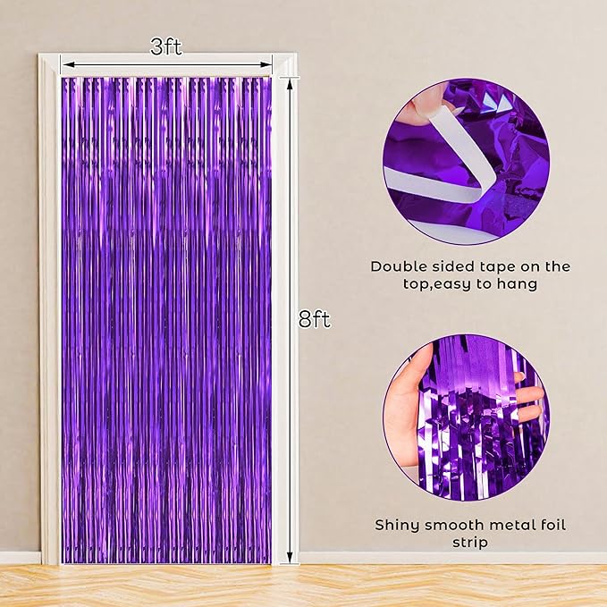 BTSD-home Purple Foil Fringe Curtain, Metallic Photo Booth Backdrop Tinsel Door Curtains for Wedding Birthday Bridal Shower Baby Shower Bachelorette Christmas Party Decorations(4 Pack, 8ft x 3ft)