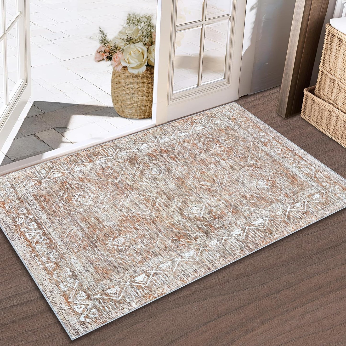 Moroccan Area Rug 2x3 - Washable Distressed Entryway Rug Non-Slip Small Rug, Soft Low-Pile Geometric Farmhouse Indoor Door Mat Floor Carpet for Entrance Bedroom Kitchen Bathroom (2 x 3, Brown)