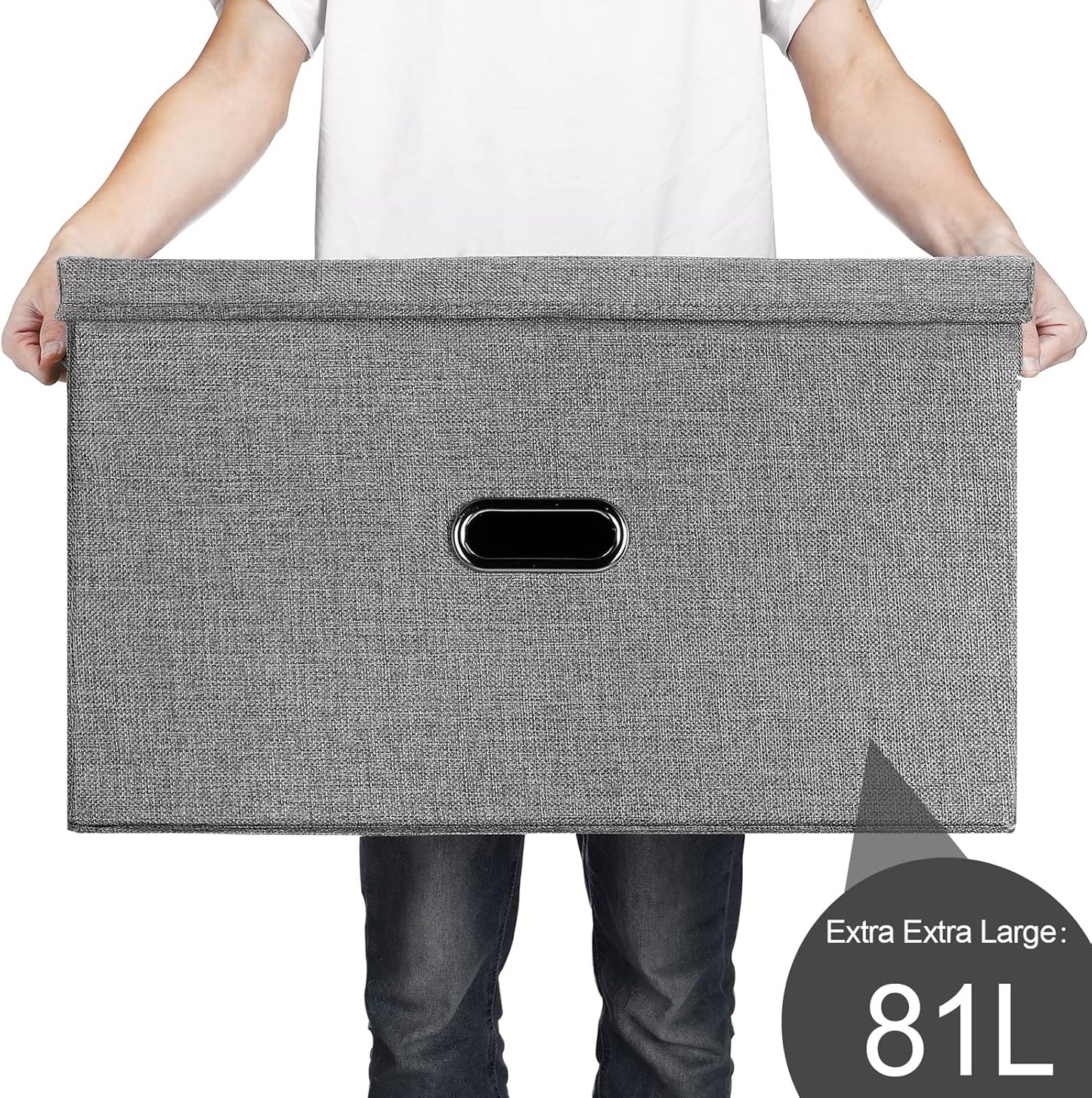 Large Linen Fabric Foldable Storage Bins with Removable Lid and Handles, Washable Storage Box Organizer Containers Baskets Cube with Cover for Bedroom,Office(Cream, XXL)