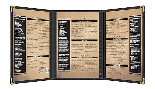 Goodsmart Restaurant Menu Covers – 25 Pack Black 6-View Trifold 5.5" x 8.5", Side-Loading Vinyl & Plastic Menu Holders, Clear Menu Sleeves, Leather-Style Café Covers with Gold Corners