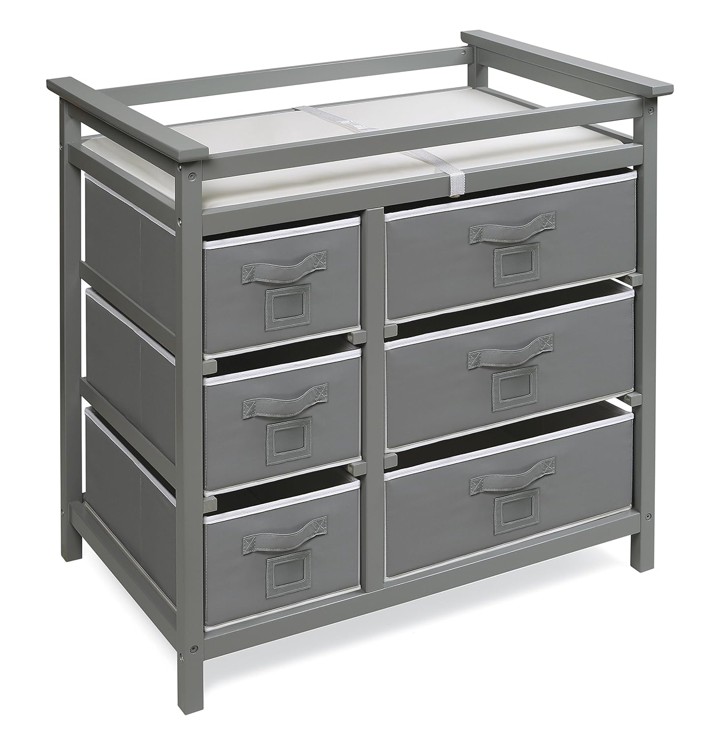 Badger Basket Modern Baby Changing Table - Diaper Station Organizer with 6 Storage Drawers, Reversible Baskets, Safety Rails - Baby Nursery Furniture with Changing Pad and Belt - Gray