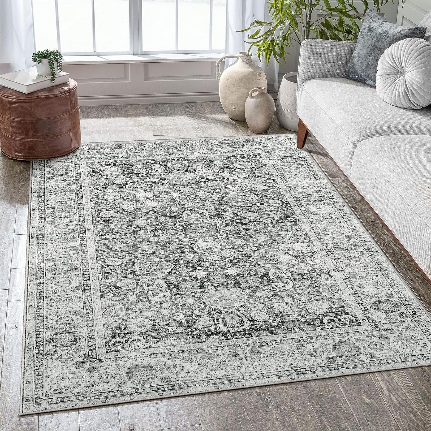 Area Rugs 5x7 - Grey Area Rug for Living Room, Bedroom & Dining Room - Soft Faux Wool, Low-Pile Distressed Carpet Print Floor Covering