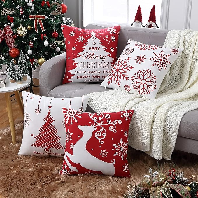 NANAN Christmas Pillow Covers 18x18 Inch Set of 4 Decorative Farmhouse Throw Pillow Covers Holiday Rustic Pillow Cases for Sofa Couch Home Decor Christmas Decorations Xmas Cushion Covers