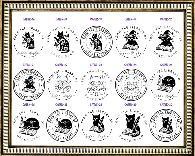 STAMPI Custom Book Embosser or Personalized Book Stamp – from The Library of Design | Swords, Cats, Dragon, Coffee & Floral Options | Gift for Book Lovers & Readers (Cat Set)
