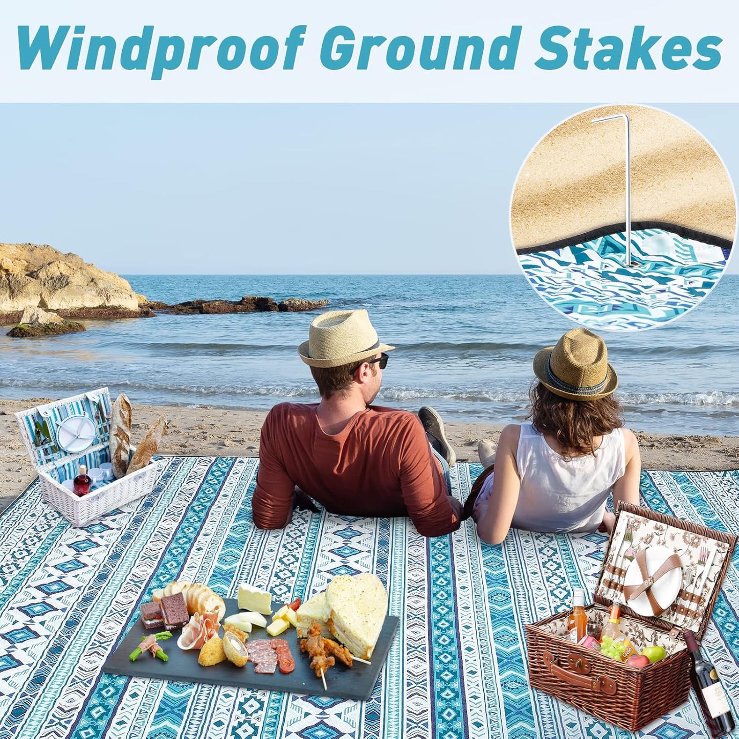 PY SUPER MODE Picnic Blankets Extra Large, Waterproof Foldable Outdoor Beach Blanket Oversized 83x79” Sandproof, 3-Layer Picnic Mat for Camping, Hiking, Travel, Park, Concerts(Teal Boho)