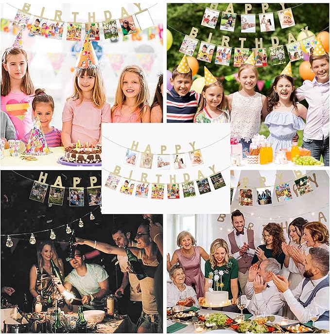 Birthday Photo Banner with 2 Strings of Fairy Lights for Children and Adult Birthday Party Decorations, Annual Milestone Happy Birthday Banner (Gold)