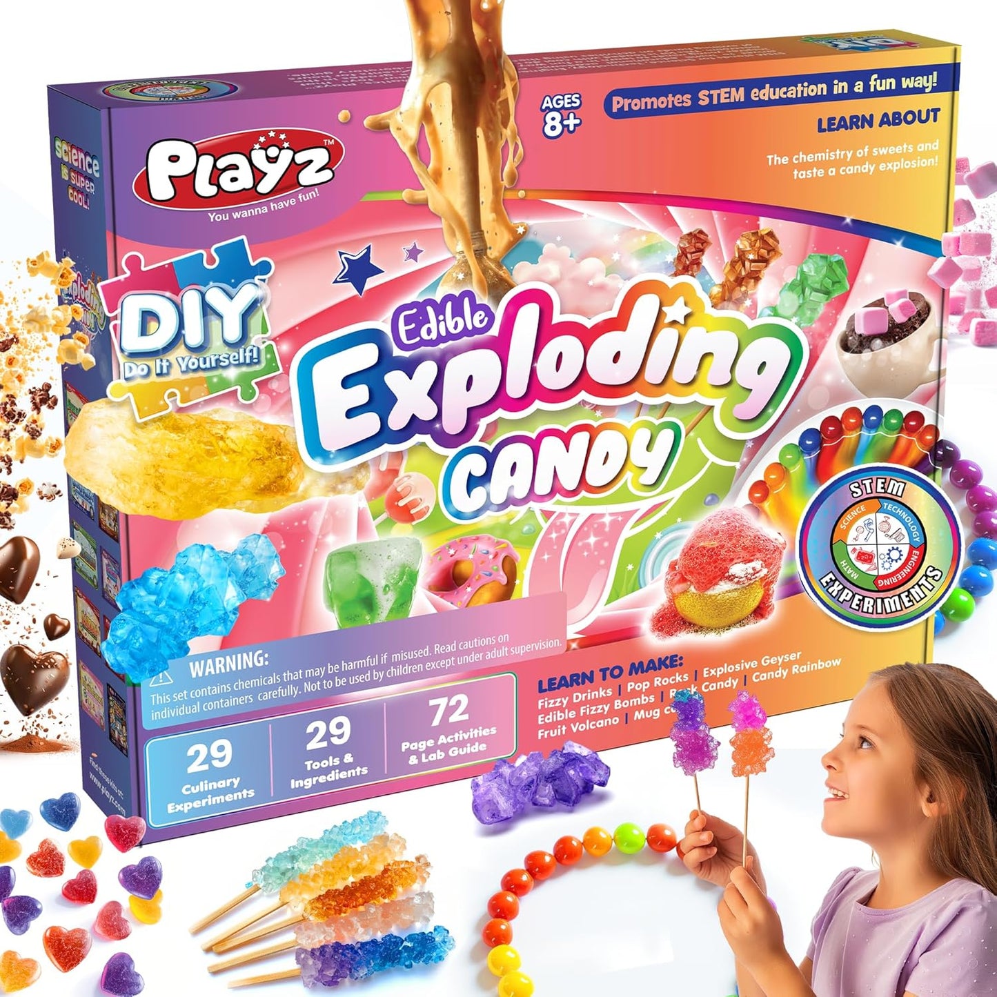 Playz Edible Exploding Candy Making Science Kit for Kids Ages 8-12 Years Old - Food Science Chemistry Kid Science Kit with 29 Experiments, Educational Science Kits for Boy & Girls