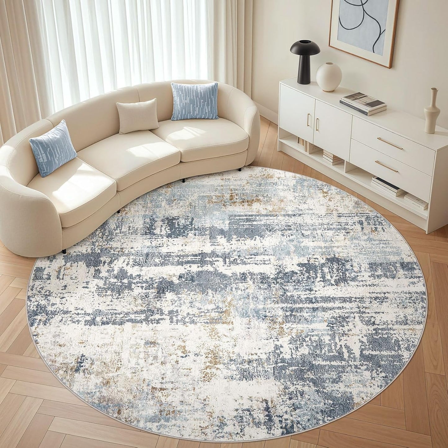 Round Rug Living Room Rugs: 10Ft Washable Circle Large Abstract Modern Soft Stain Resistant Non Slip Indoor Floor Carpet for Bedroom Nursery Office Dining Room Dorm Home House Decor- Light Blue