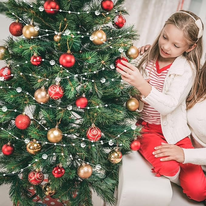 JULBEAR Beads Garland Decoration, 1Rolls 131Feet Clear Christmas Pearl Strands Chain Bead Garland for Christmas Tree Fireplace Wreath Gift Bouquet Crafts Wrapping Wedding Party Centerpieces