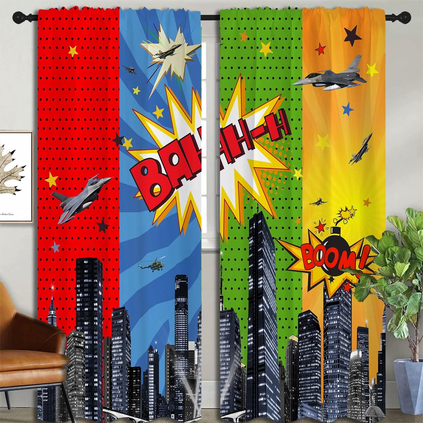 Superhero Rod Pocket Blackout Curtains for Boy Girl Bedroom, City War Explosion Comics Art Thermal Insulated Home Window Drapes for Living Room Darkening, 84x72 inch