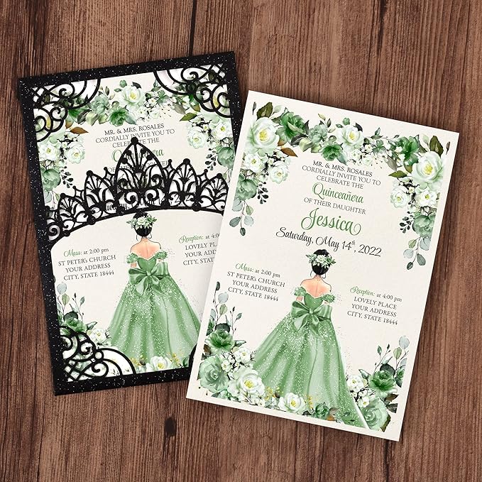 50Pcs Sage Green Crown Invitations for Quinceanera, 15 year, Sweet 16, Miss XV, Birthday Laser Cut Quince Invitation Cards Personalized Pearlized Black