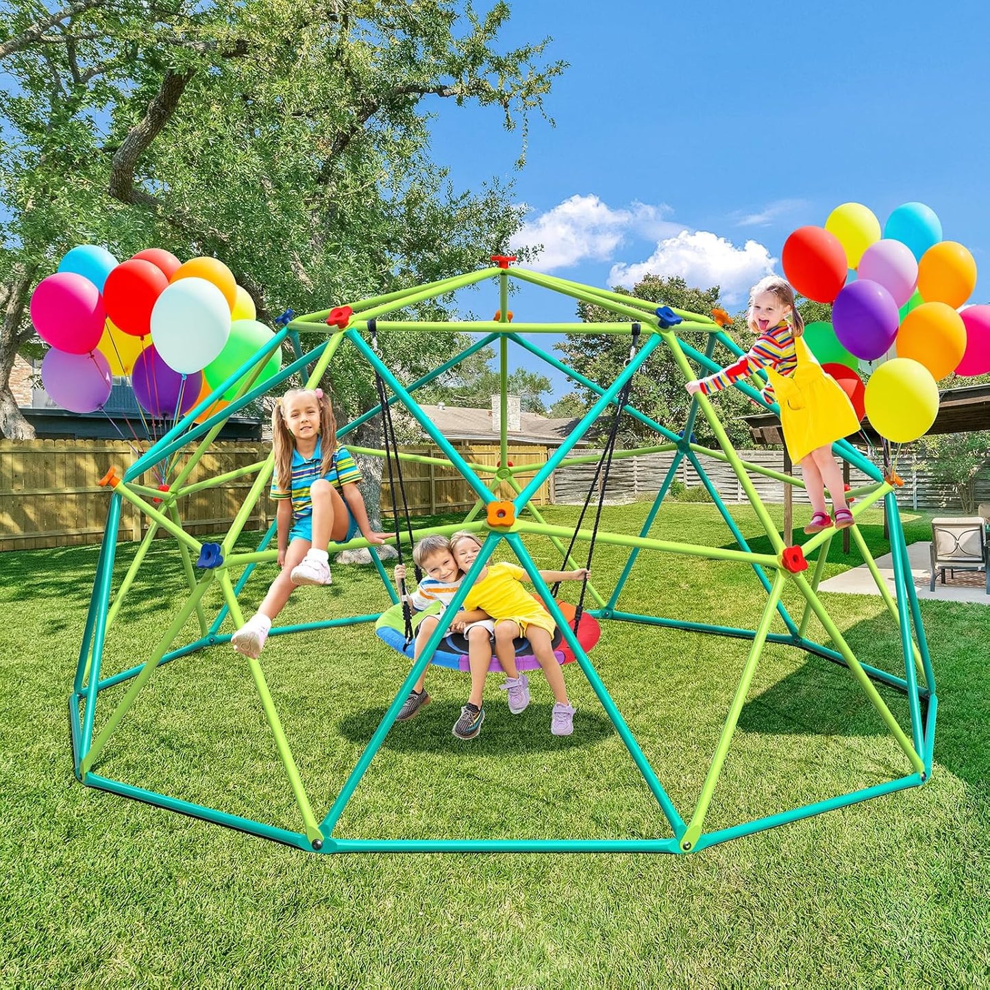 Hapfan 10 ft Climbing Dome Swing Set with Saucer Swing, Jungle Gym for Kids Outdoor Backyard, Supports 800lbs, Easy Asssembly, Rust-Resistant Outdoor Playset for Ages 3-8 8-12