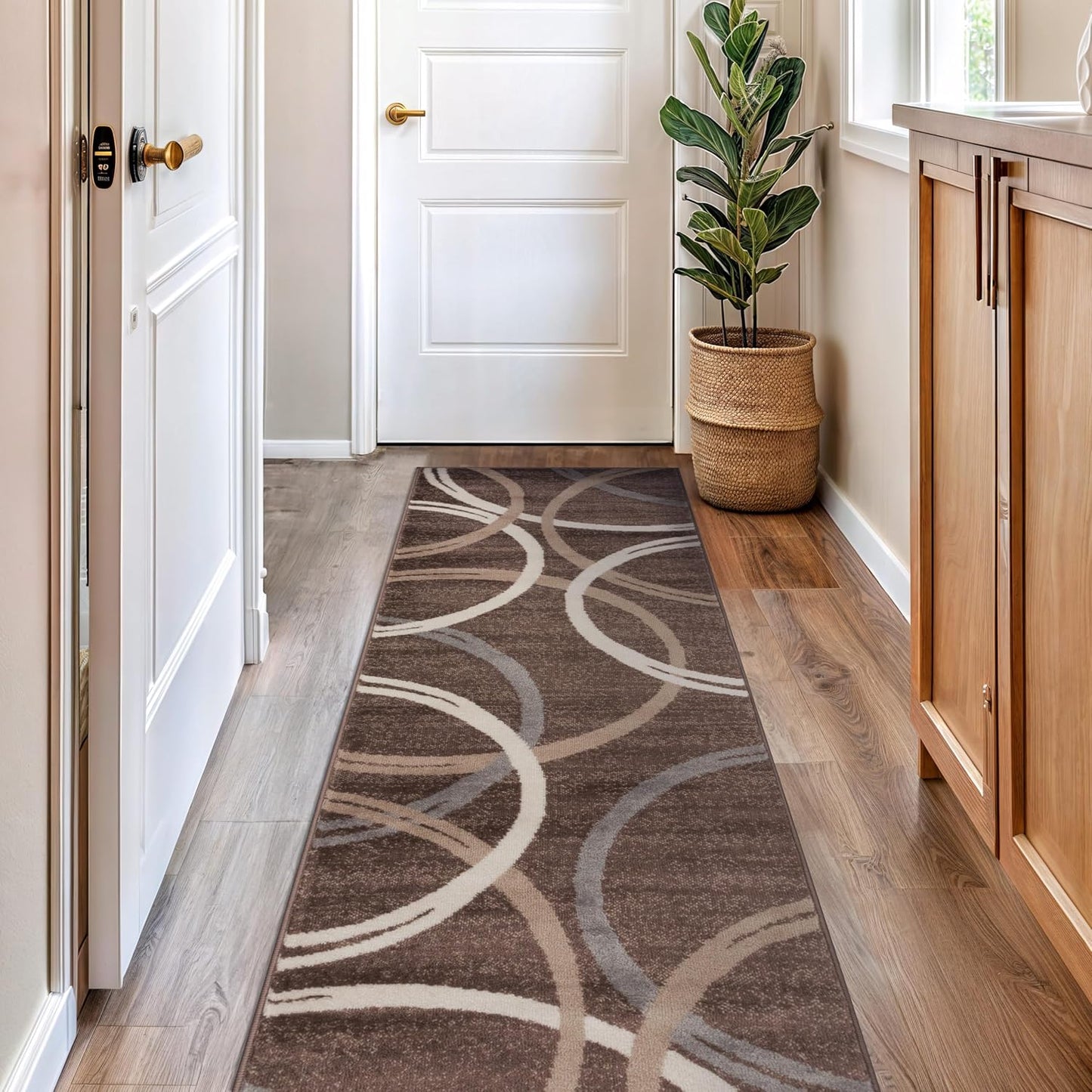 Rugshop Modern Wavy Circles Design Runner Rug 2'7" x 8' Brown