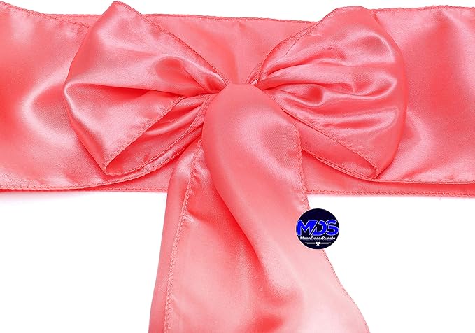 MDS Pack of 10 PCS Satin Chair Sashes Charmeuse Sateen Dining Chair Bows Ribbon Ties Back Sash for Wedding Party Birthday Home Hotel Restaurant Banquet Decoration (7 x 108 Inch, Coral)