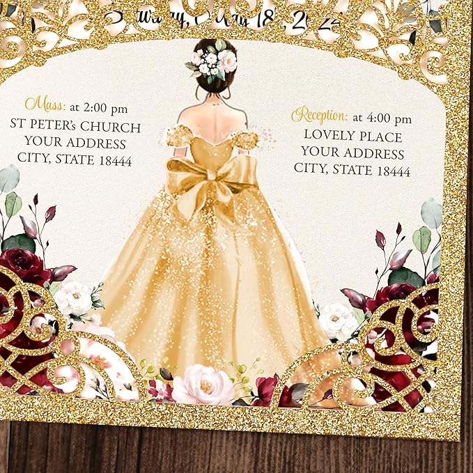 50Pcs Gold Crown Quinceanera Invitation for 15 year, Sweet 16, Miss XV, Birthday Laser Cut Quince Invitation Cards Personalized Glitter Gold