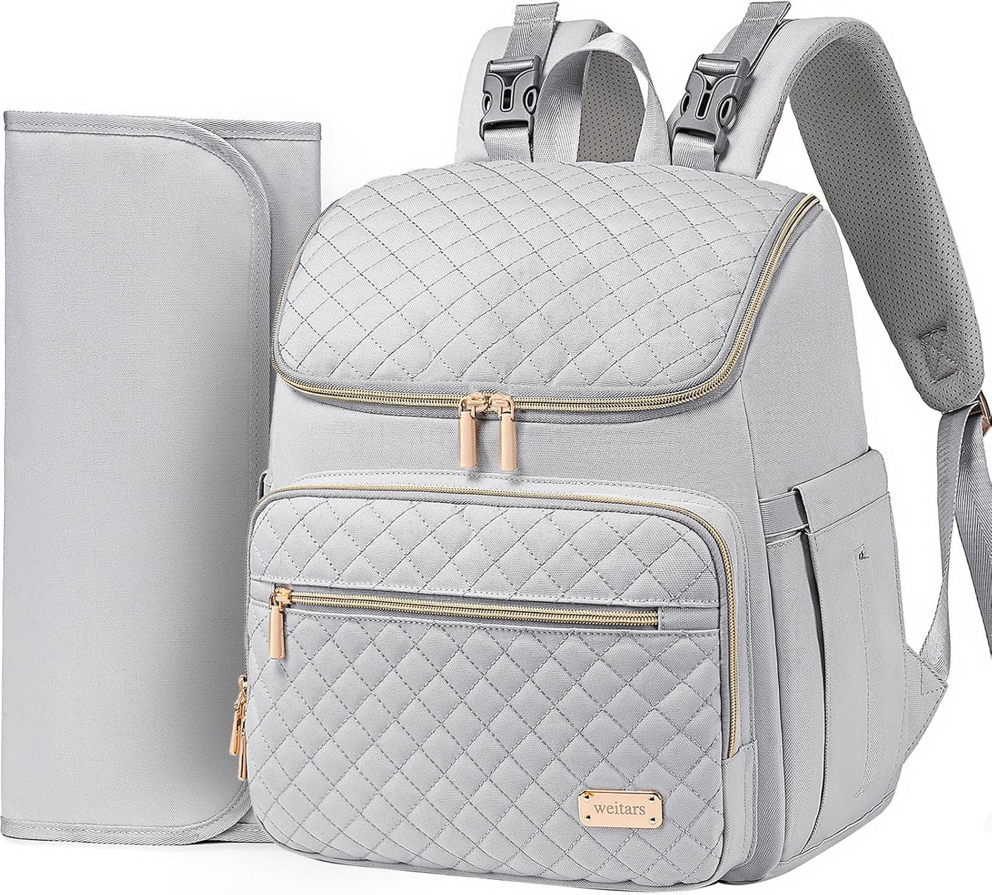 Weitars Diaper Bag Backpack Large Baby Diaper Bag with Changing Pad Travel Diaper Backpack,Baby Bag for Boys Girls,Stroller Straps,5 Insulated Pockets (Gray)