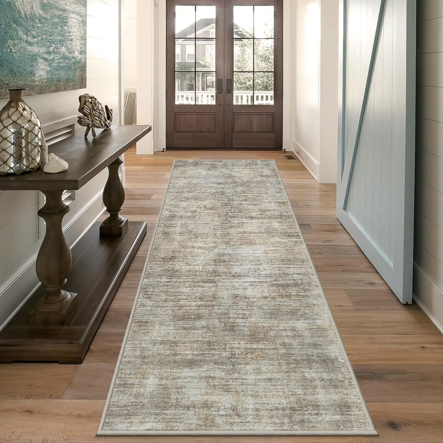 Runner Rug 2'6''x8' Kitchen Runner Rug: Modern Abstract Washable Area Rug with Non-Slip Backing, Thin Long Carpet Runner for Hallway, Bedroom, Laundry Room-Brown