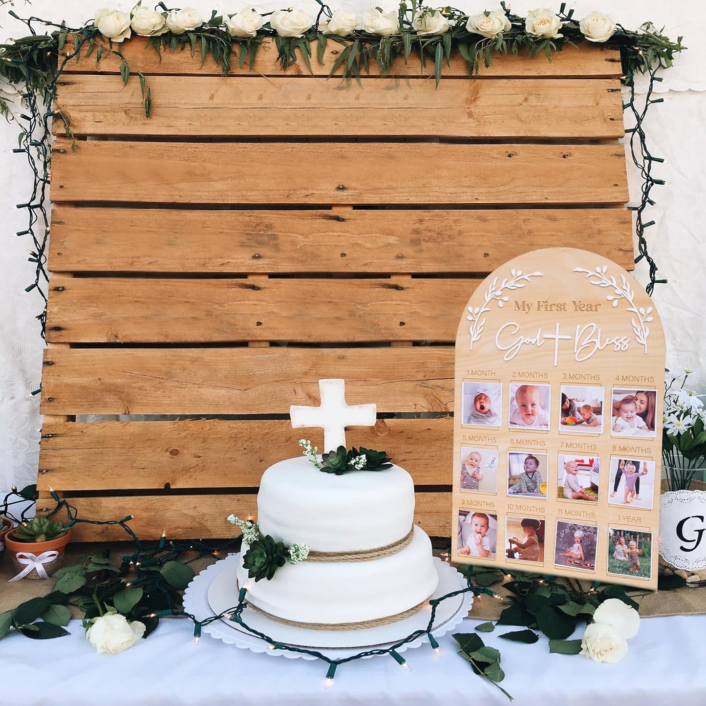 God Bless My First Year Photo Board - 1st Holy Communion Monthly Photos Display,God Bless 1 To 12 Months Photo Wooden Board,Baby Baptism Party Milestone Photos,Wooden Cross Photo Board (God Bless)