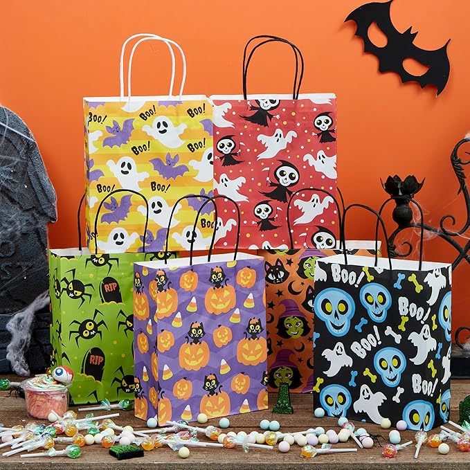 JOYIN 24 Pcs Halloween Paper Goodie Bags with Handles in 6 designs for Halloween Trick or Treat, Colorful Candy Bags for Party Favor, Party Supplies
