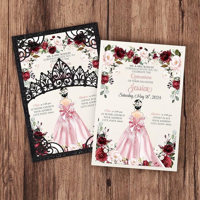 50Pcs Pink Crown Invitations for Quinceanera, 15 year, Sweet 16, Miss XV, Birthday Laser Cut Quince Invitation Cards Personalized Pearlized Black