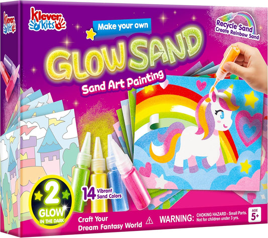 Klever Kits Glow Sand Art Kits for Kids, Glow in The Dark Sand Painting with 14 Colors, Kids Crafts, 6 Fantasy Templates & 4 DIY Sheets, Mess Free Arts and Crafts, Unicorn Gifts for Girls Ages 5+