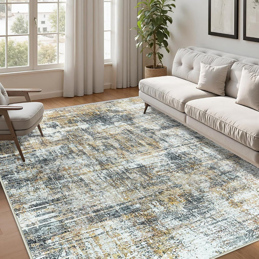 Area Rug Living Room Rugs: 5x7 Abstract Washable Rugs Ultra Soft Carpets with Non-Slip Backing Stain Resistant Carpet for Dining Room Table Bedroom Nursery Indoor Home Office Brown/Gray