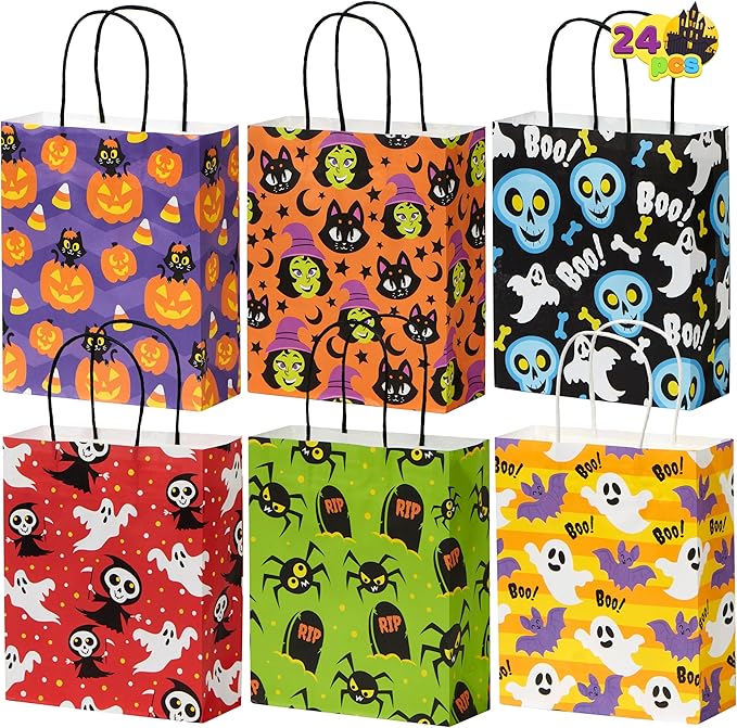 JOYIN 24 Pcs Halloween Paper Goodie Bags with Handles in 6 designs for Halloween Trick or Treat, Colorful Candy Bags for Party Favor, Party Supplies