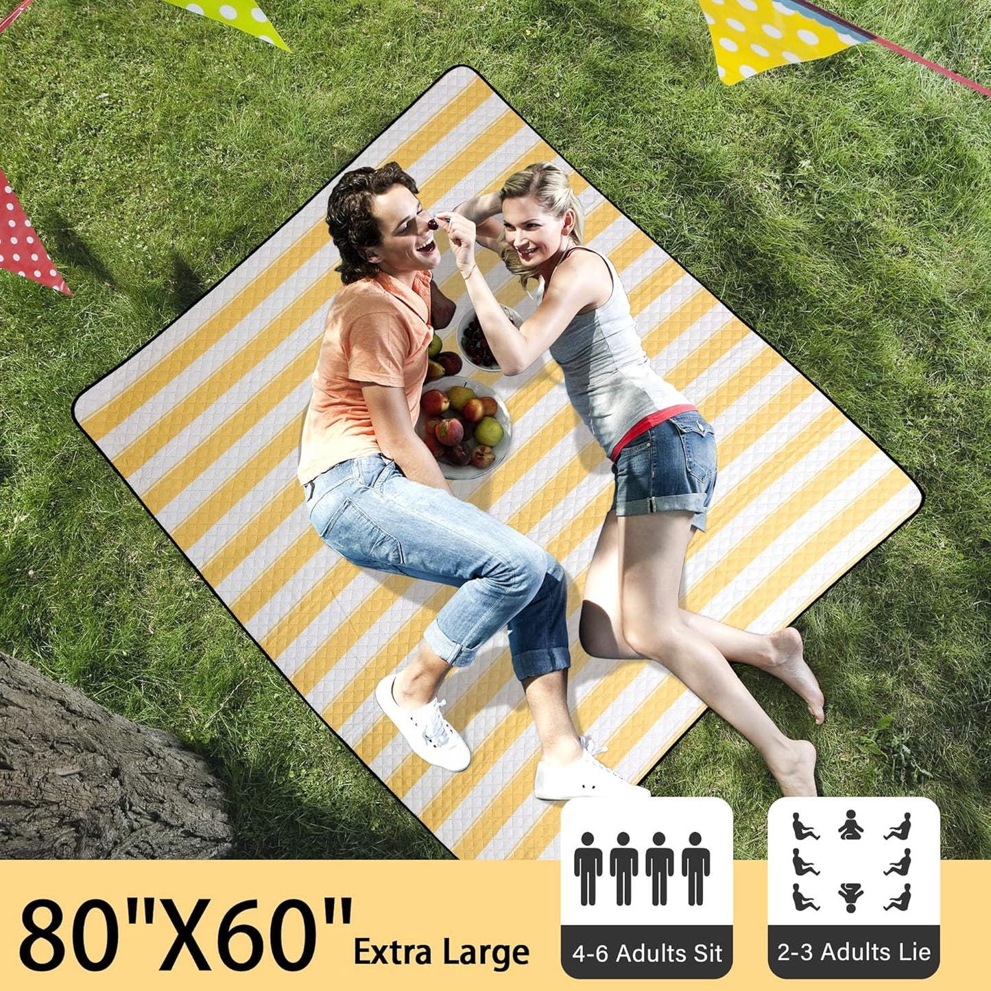 HX&OD Extra Large Picnic Outdoor Blanket, 80”x60” Waterproof Picnic Mat Foldable Camping Blanket Portable with Carry Strap for Beach Mat Outdoor Camping Party(Yellow)