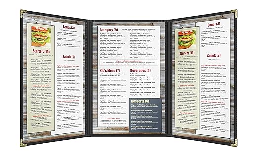 Goodsmart Restaurant Menu Covers – 25 Pack Black 6-View Trifold 8.5" x 14", Side-Loading Vinyl & Plastic Menu Holders, Clear Menu Sleeves, Leather-Style Café Covers with Gold Corners