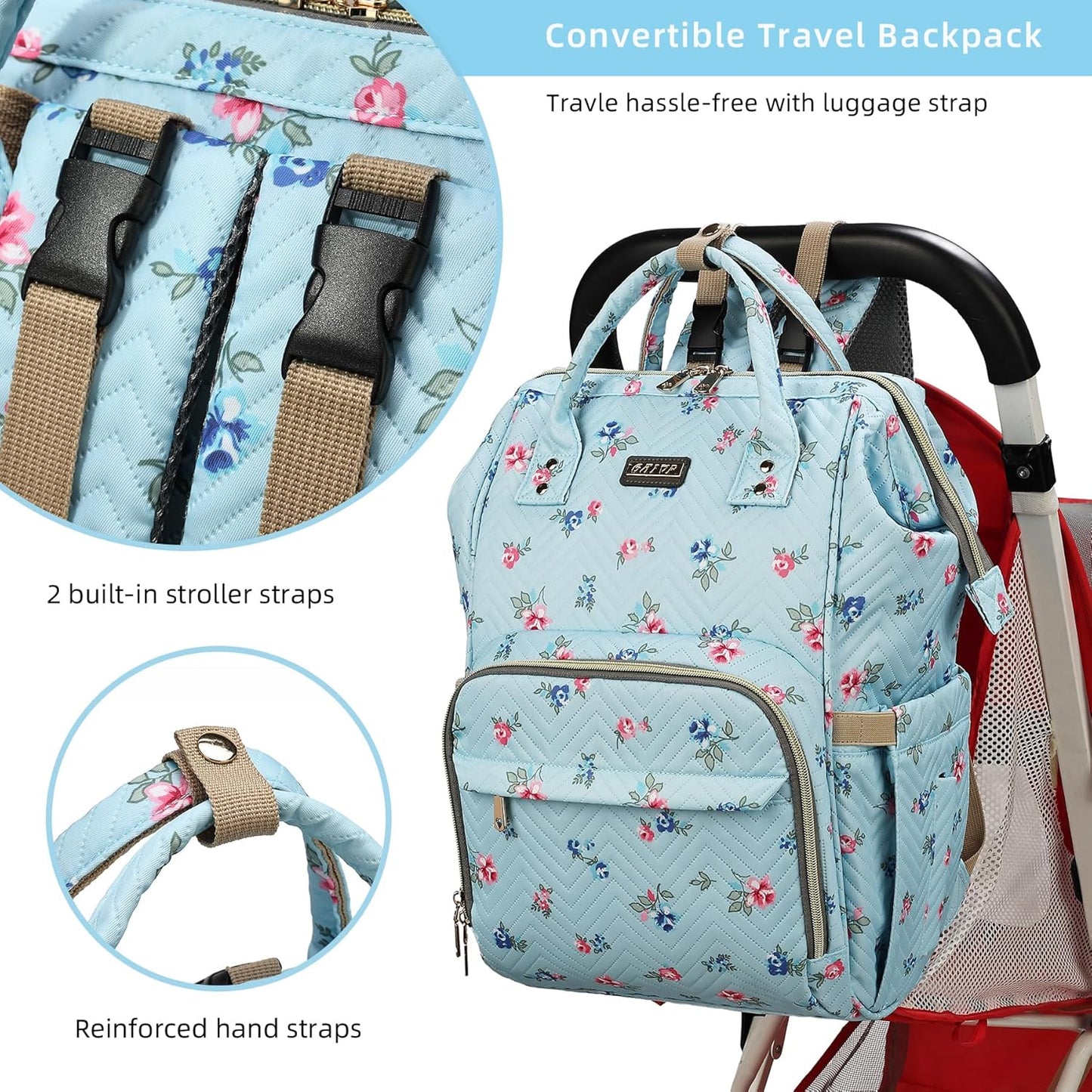 Diaper Bag Backpack for Women, Baby Bags for Girls,Diaper Bag with Changing Pad, and Insulated Pockets-Blue Flowers
