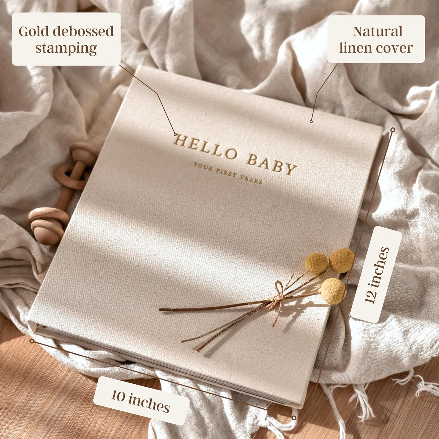 Peachly Baby Memory Book | Baby Book First Year Baby Book Keepsake for Milestones | Simple Cute Baby Scrapbook | Baby Books for Girl | Natural Linen - Clementine