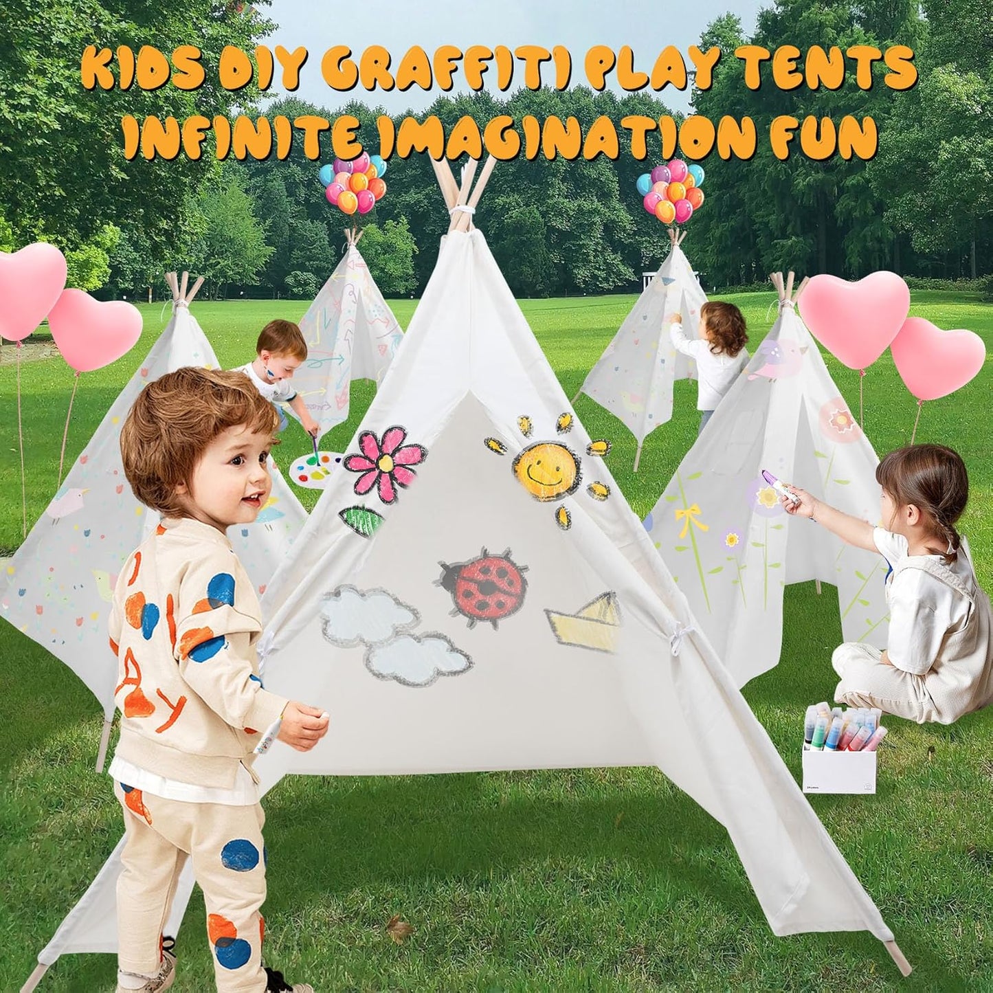 6 Pack Teepee Tent for Kids [Thickened] with Light String and Inflatable Airbed, Slumber Party Tents, Sleepover Tents Party for Girls Boys Indoor Outdoor (White)