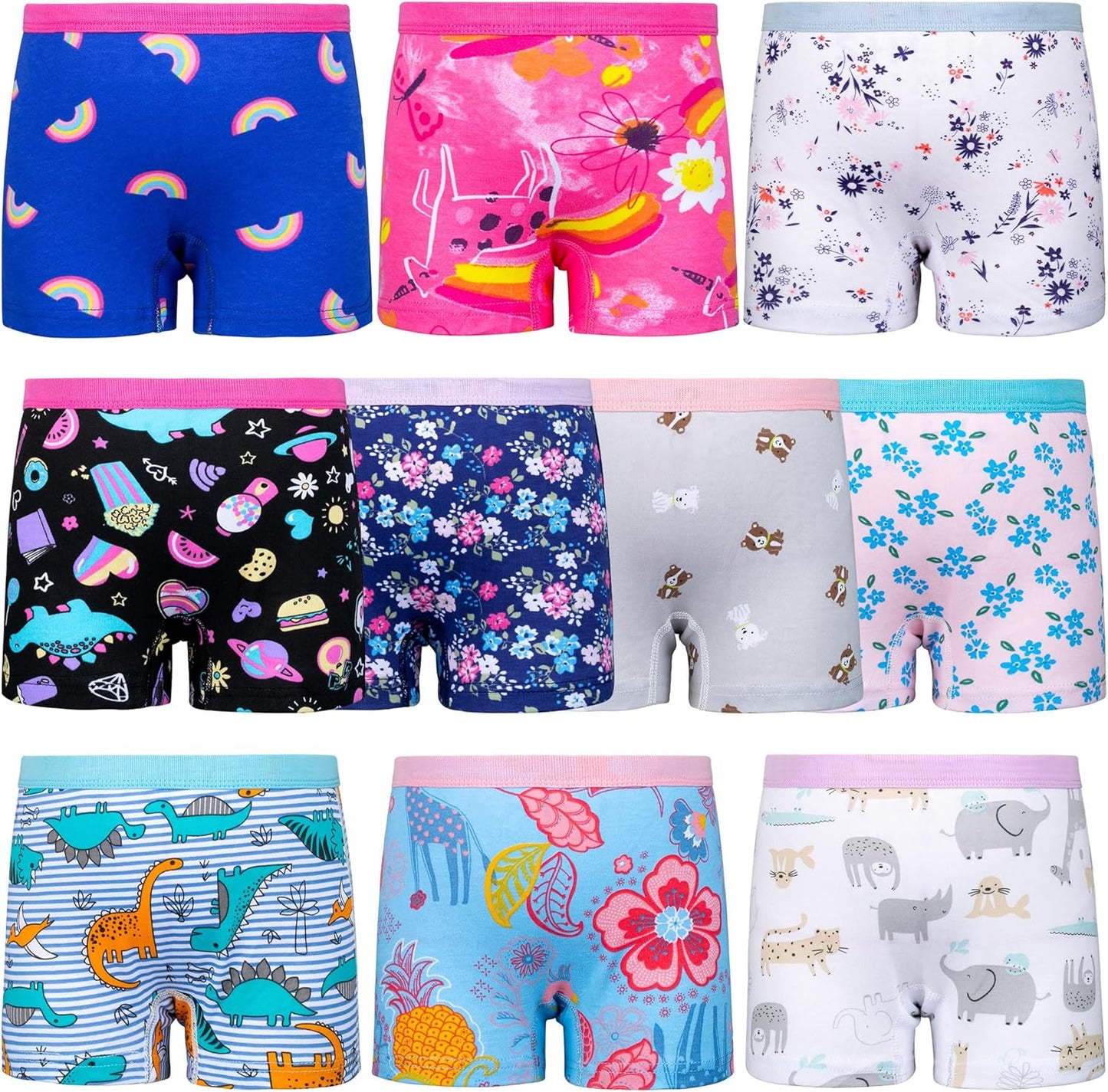 BIG ELEPHANT 10 Pack Toddler Girls' Underwear Boxer Briefs，100% Cotton Super Soft Breathable Panties (3T-10Y)