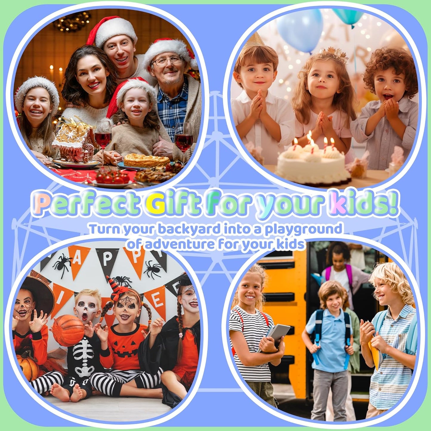 Gardenature 10FT Climbing Dome with Hammock, Outdoor Jungle Gym for Kids, Geometric Dome Climber Supporting 880 Lbs Anti-Rust Metal Outdoor Play Structure ASTM Approved Blue & Green