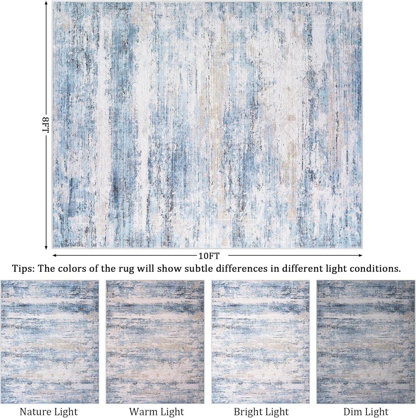 8x10 Area Rug Living Room Rugs - Washable Rug Large Modern Abstract Soft Thin Carpets Indoor Floor No Slip Vintage Carpet for Bedroom Under Dining Table Nursery Home Office Decor Blue