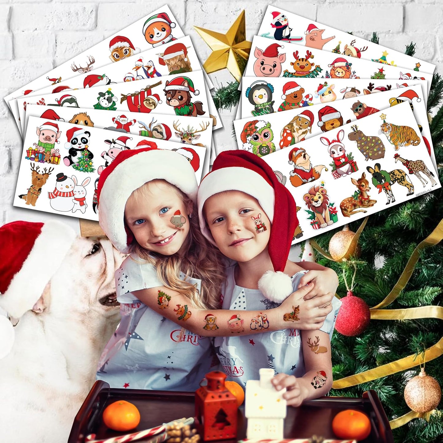 100 PCS Noel Christmas Animal Temporary Tattoos Sticker Jungle Birthday Christmas Party Decorations Supplies Favors Gifts Boys Girls Safari Zoo Cute Fake Tattoo School Reward Themed Santa Claus Xmas