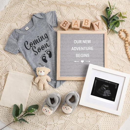 9 Pcs Pregnancy Announcement Set Pregnancy Reveal Ideas Felt Letter Board Baby Bodysuit Booties Photo Frame Bear Plush Wood Blocks for Coming Soon Baby Announcement(Gray)