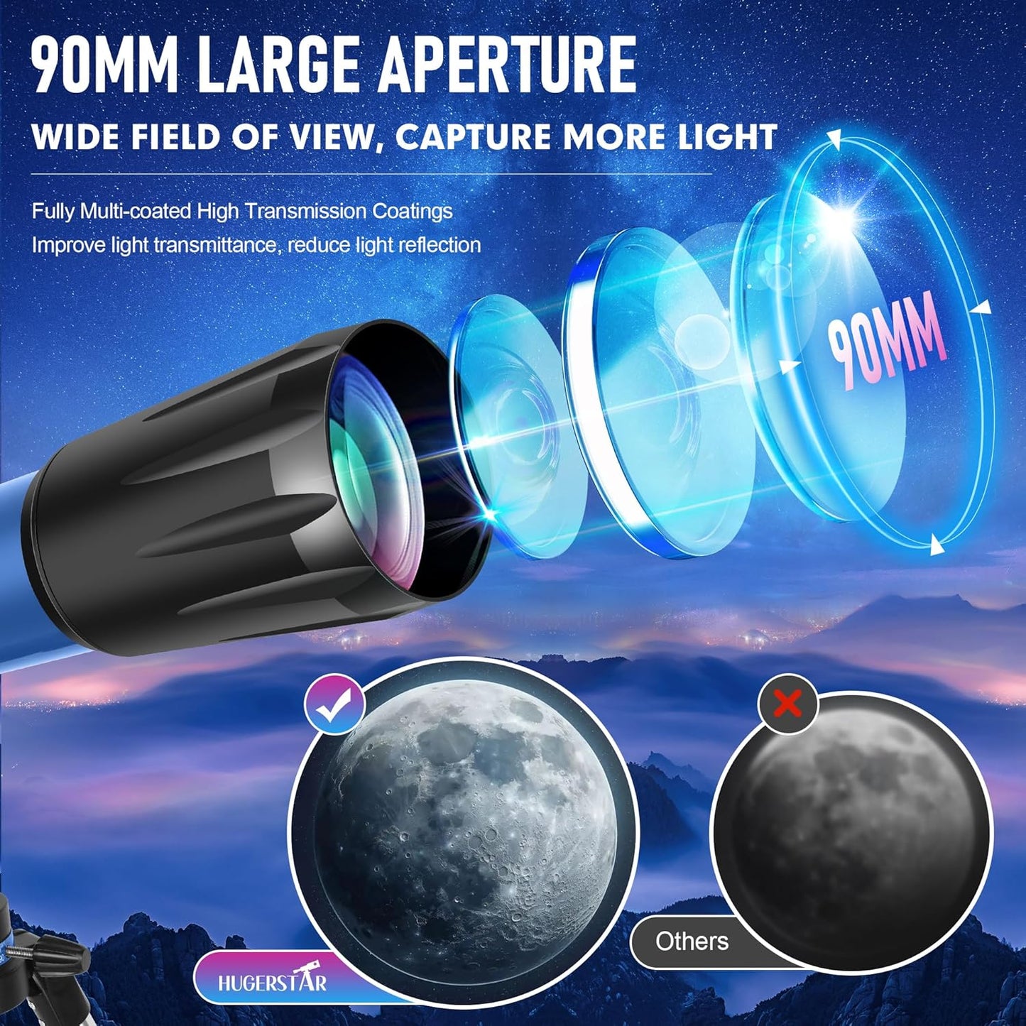 Telescope, Telescope for Adults High Powered, 90mm Aperture 800mm Professional Refractor Telescopes for Adults Astronomy Beginners with AZ Mount Stainless Tripod, Carry Bag and Moon Filter