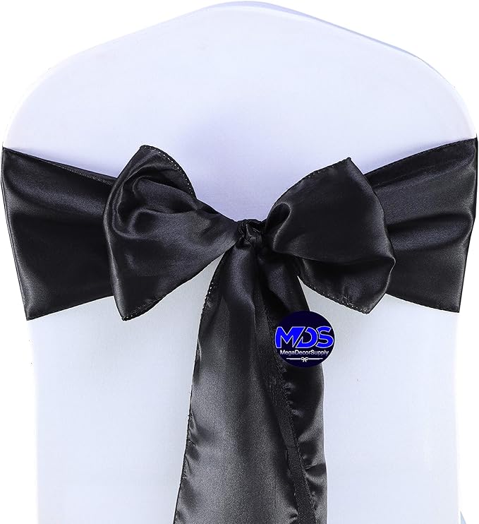 MDS Pack of 125 PCS Satin Chair Sashes Charmeuse Sateen Dining Chair Bows Ribbon Ties Back Sash for Wedding Party Birthday Home Hotel Restaurant Banquet Decoration (7 x 108 Inch, Black)