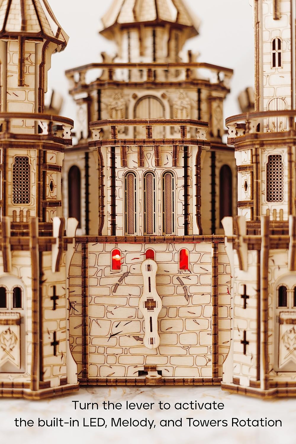 Wood Trick Dragon Castle Movable Wooden 3D Puzzles for Adults and Kids to Build - Red LED - Greensleeves Melody - Towers Rotating - Engineering DIY Project Mechanical Model Kits for Adults