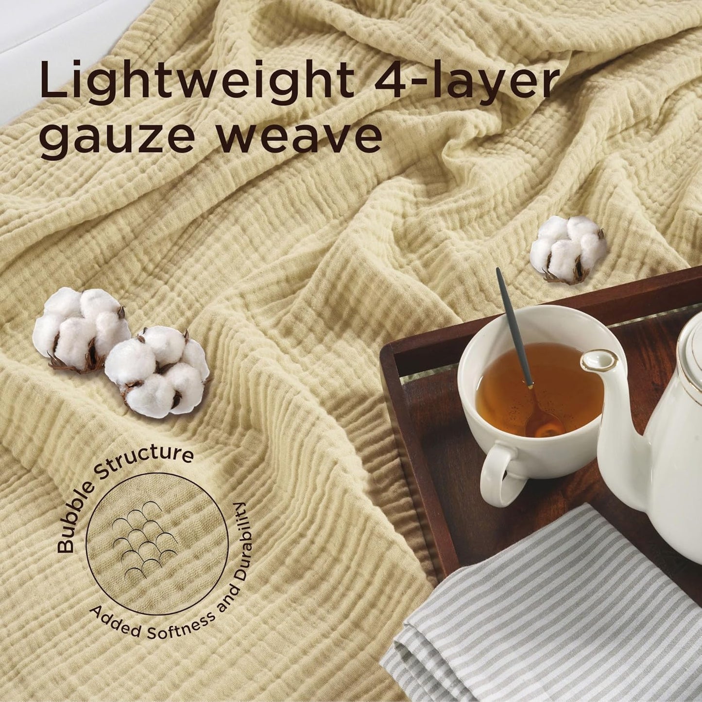 Threadmill Summer Muslin Blankets Queen Size | 100% Cotton 4 Layer Gauze Blanket | Soft, Breathable and Cozy Blanket | Cozy, Lightweight Blankets for Bed Seasons | Beige