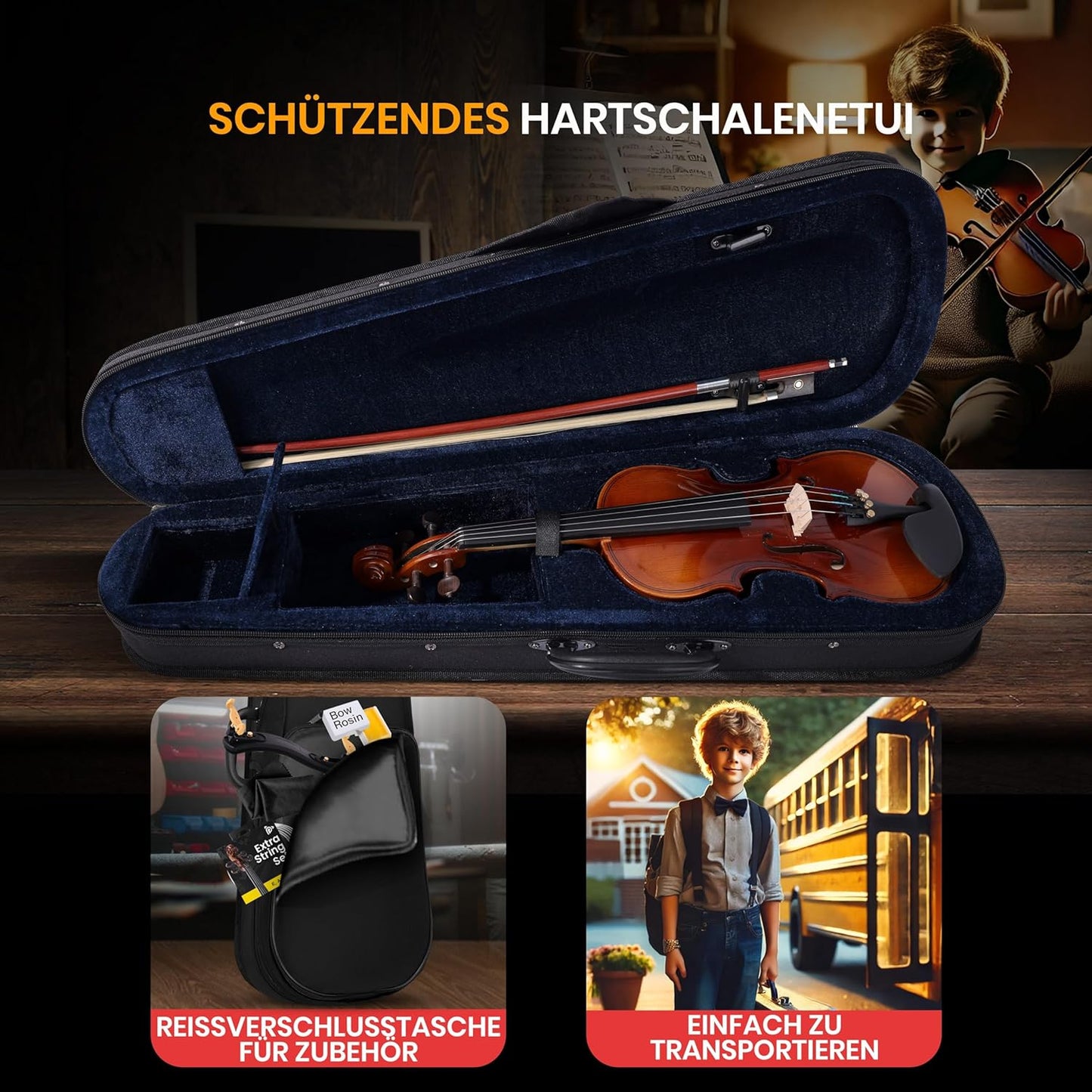 Pyle 1/4 Size Beginner Violin Starter Kit, Violin Starter Package with Travel Case & Bow, Extra Strings, Digital Tuner, Shoulder Rest & Cleaning Cloth for Students, Kids, Adults