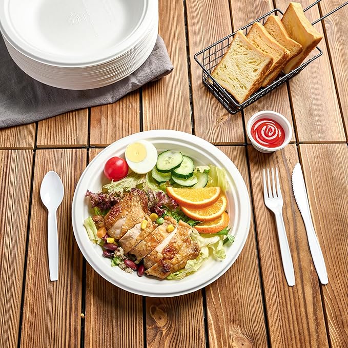 ECOLipak 125 Pack Paper Plates 9 inch 100% Compostable Heavy-Duty Dinner Plates Disposable Bagasse Deep Dish Natural Biodegradable Eco-Friendly Sugarcane(White)