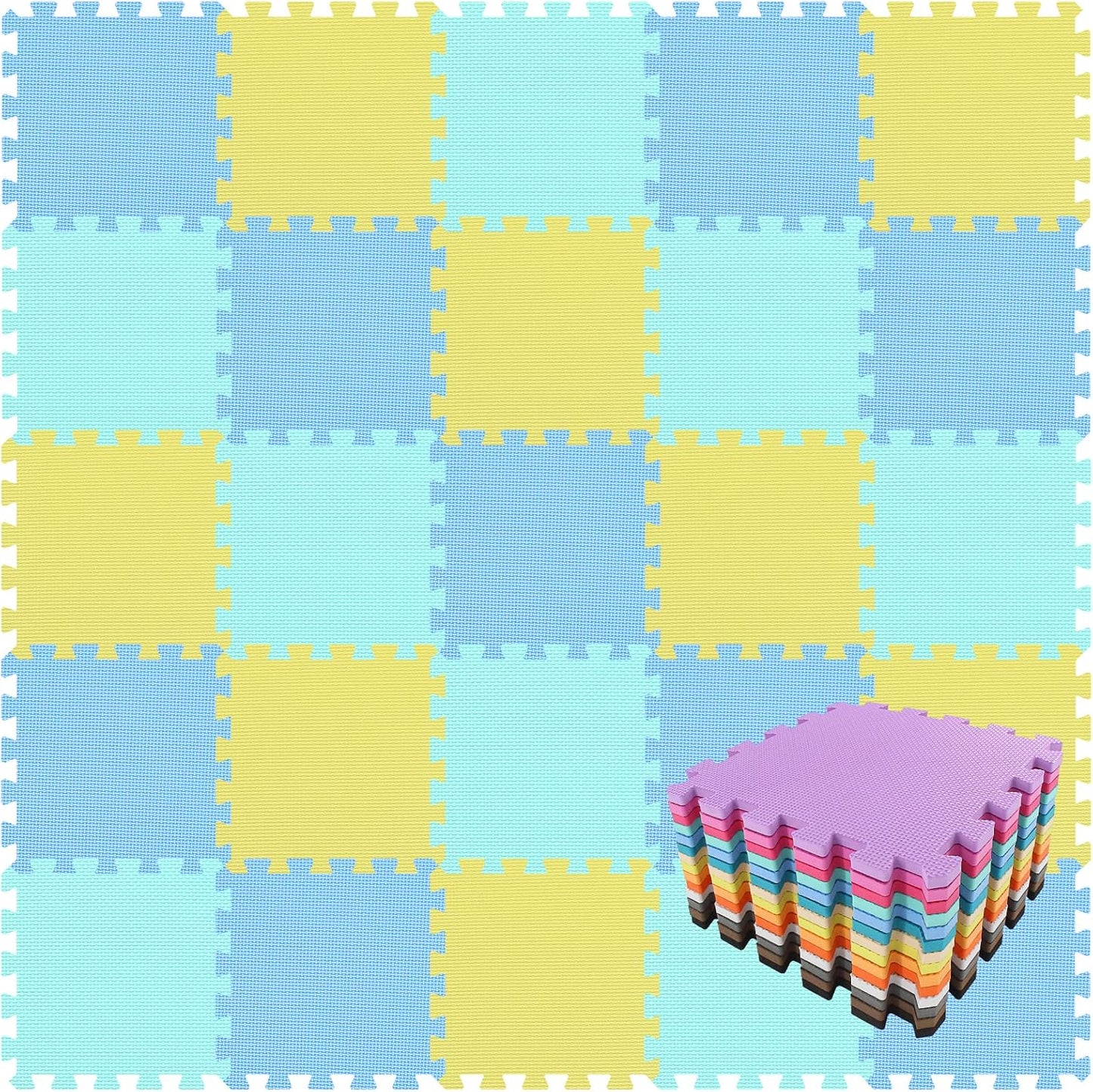qqpp EVA Rubber 18 Tiles Interlocking Puzzle Foam Floor Mats - Baby Play Mat for Playing | Exercise Mat for Home Workout. Yellow, Blue, Green. QC-EGHb18N