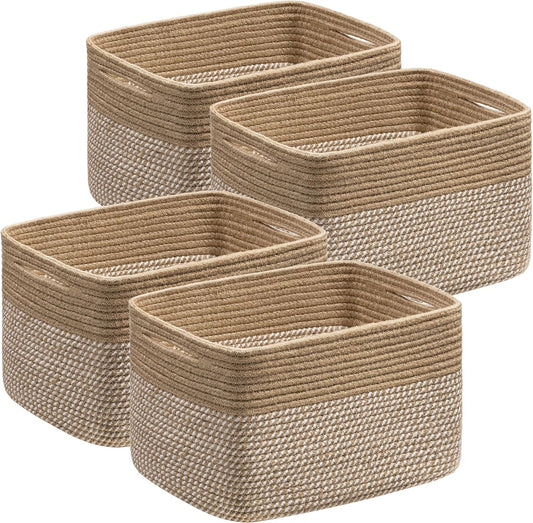 UBBCARE 4 Pack Baskets for Organizing, Woven Storage Baskets for Toys and Towel, Rectangle Cotton Rope Basket with Handles, 15''L x10''W x9''H, Mixed Brown